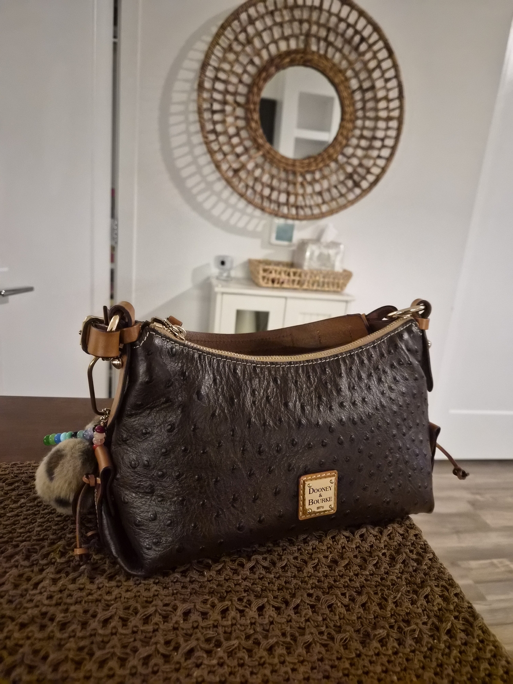 Dooney & Bourke Dark Brown Ostrich-Embossed Shoulder Bag with Gold Hardware